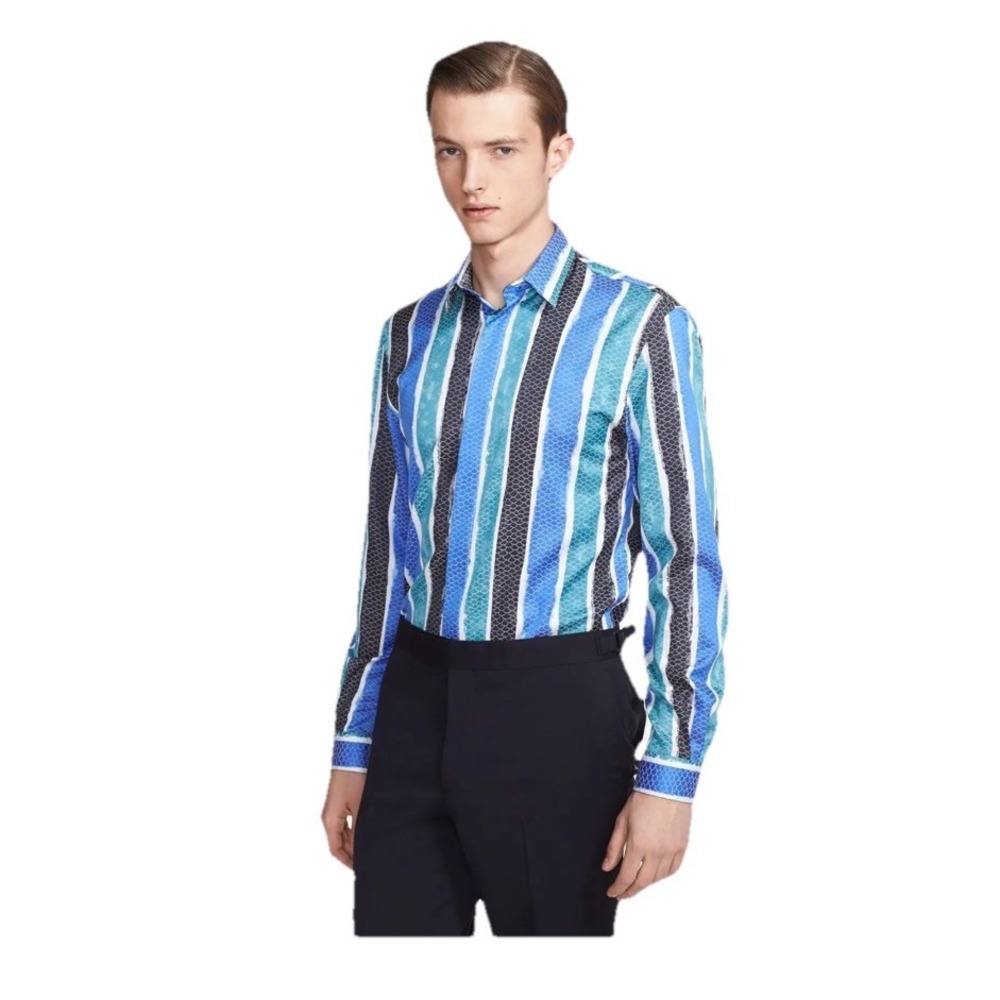 VERSACE COLLECTION Size 40‎ Black White Blue Green Stripe Long Sleeve Shirt